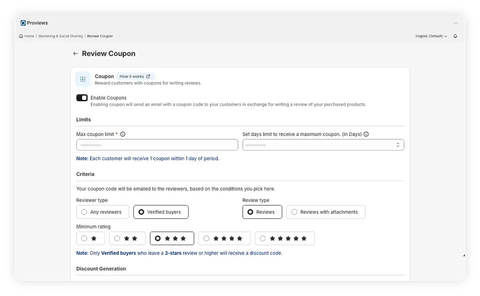Coupons management dashboard - Proviews App