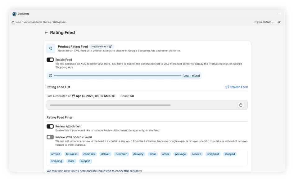 Rating feed management section - Proviews App