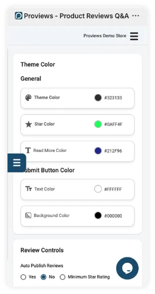 Review widget management dashboard - Proviews App