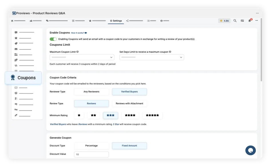 Coupons management dashboard - Proviews App