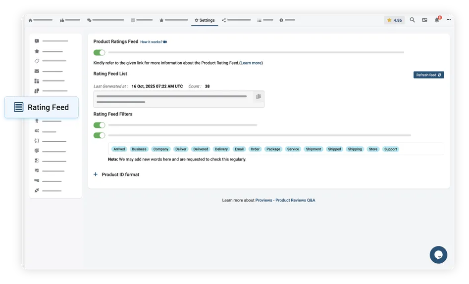 Rating feed management section - Proviews App
