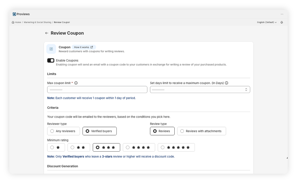 Coupons management dashboard - Proviews App