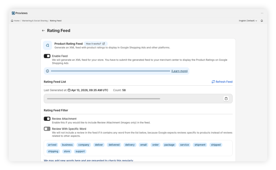 Rating feed management section - Proviews App